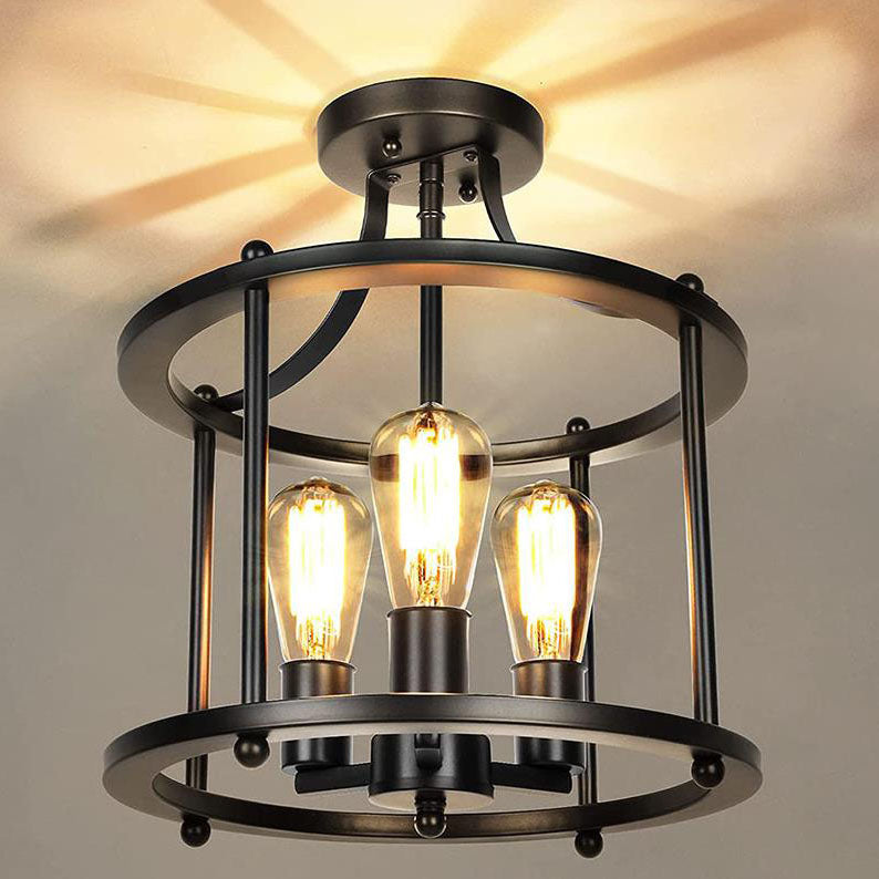 Industrial Vintage Round Drum 3-light Semi-flush Mount Ceiling Light