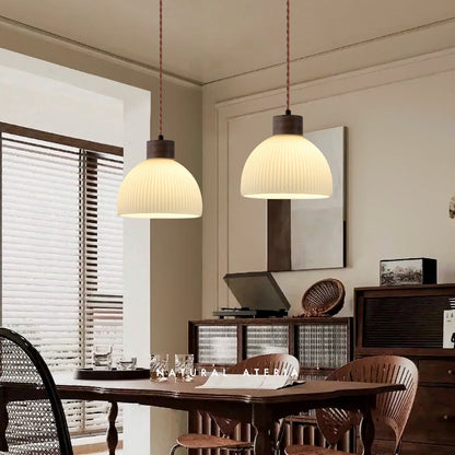 Traditional Japanese Walnut Glass Ball Round Bottle Ribbed 1-light Pendant Light for Dining Room