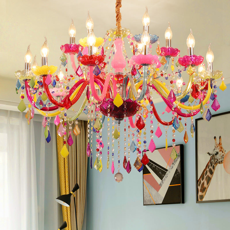 Traditional European Glass Crystal Metal Fabric Candlestick Holder Inflorescence 6-light Chandeliers for Living Room