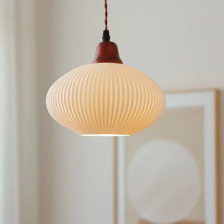 Japanese Vintage Pleated Ceramic Round Dome Wood 1-light Pendant Light Lumendat