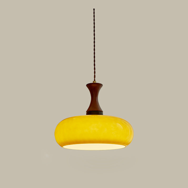 Contemporary Retro Wood Iron Glass Drum Round 1-light Pendant Light for Dining Room