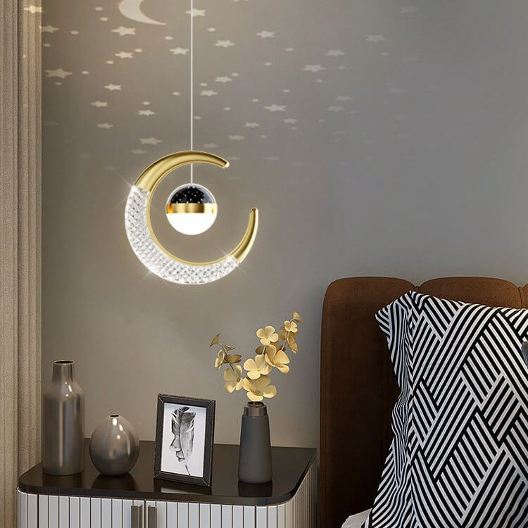 Contemporary Creative Iron Acrylic Moon LED Pendant Light for Bedroom