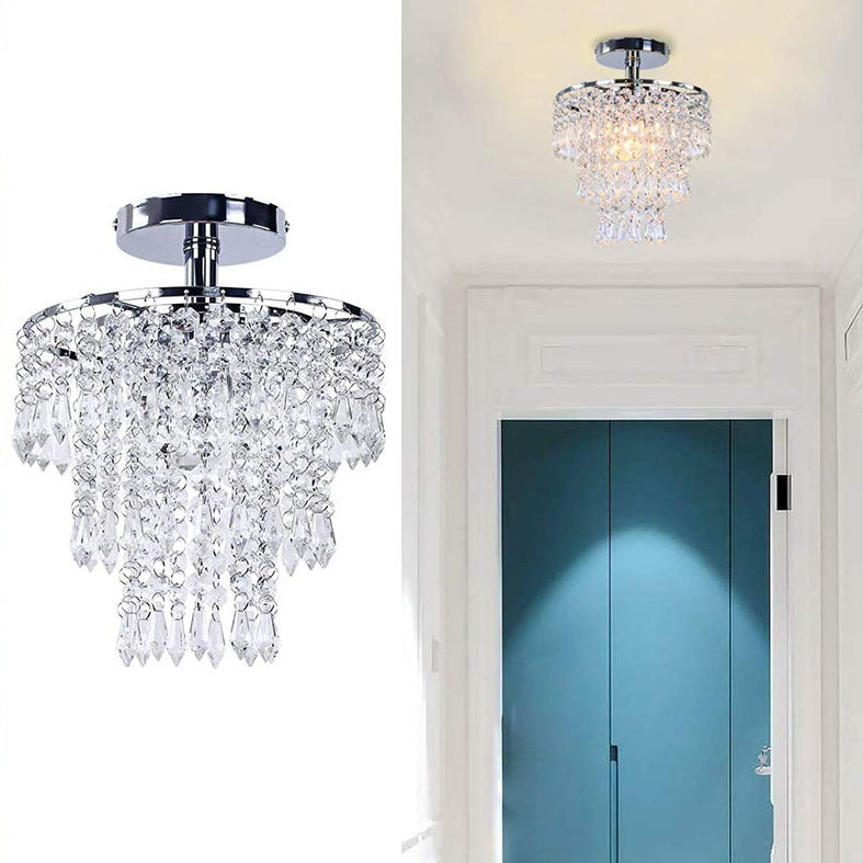 Modern Luxury Round Tassel Metal Crystal 1-light Semi-flush Mount Ceiling Light for Living Room