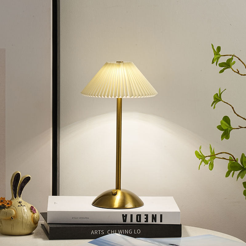Contemporary Scandinavian Rechargeable Iron Fabric Conic Pleated 1-Light Table Lamp For Bedside Lumendat