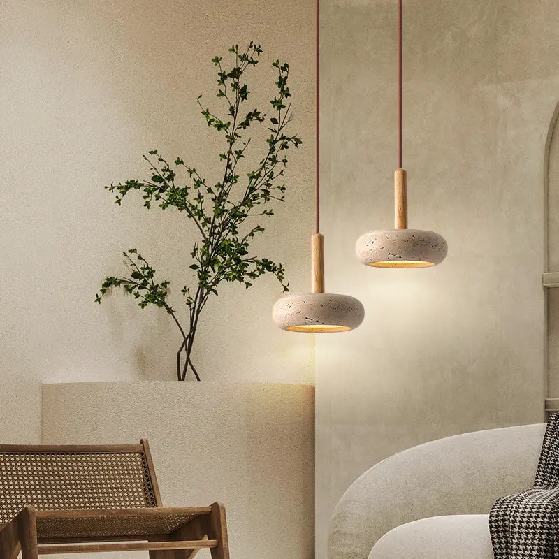 Traditional Japanese Round Wood Yellow Travertine LED Pendant Light for Bedroom Lumendat