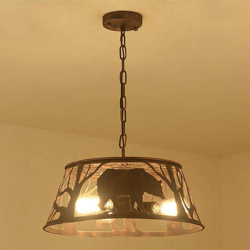 Traditional Vintage Round Trapezoidal Animal Iron 1-light Pendant Light for Living Room BulbSquare