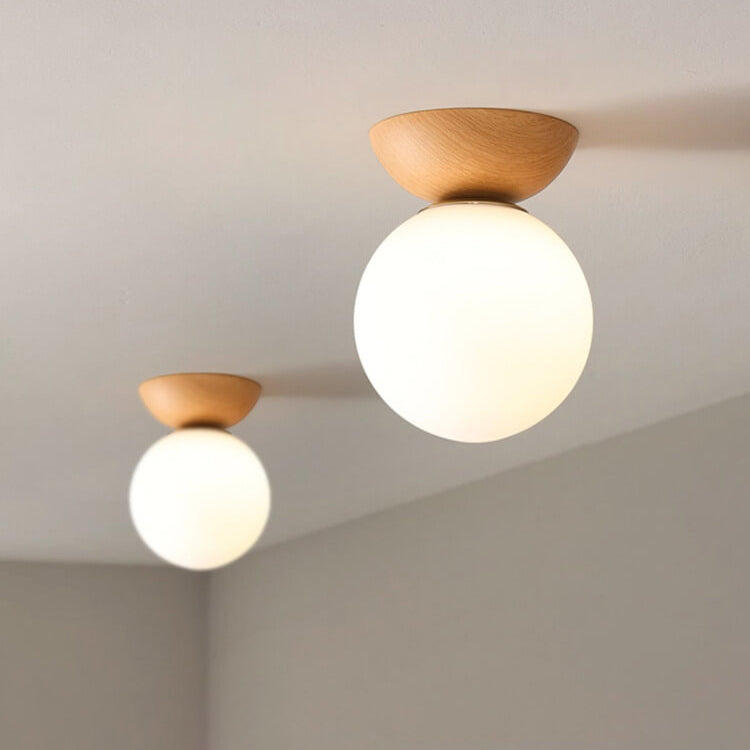 Japanese Minimalist Wood Grain Glass Round 1-Light Flush Mount Ceiling Light Lumendat