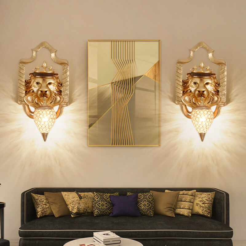 Vintage Lion Head Lantern Resin Crystal 1-Light Wall Sconce Lamp