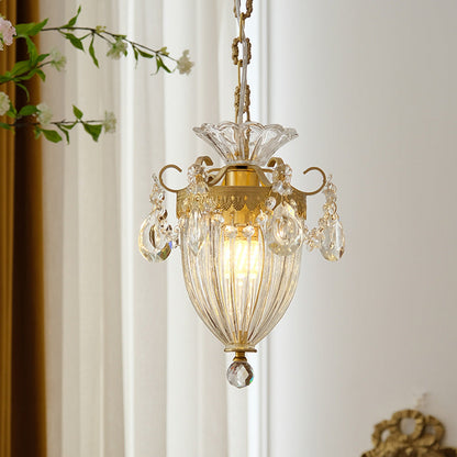 Traditional French Lantern Carved Copper Crystal 1-light Pendant Light for Living Room