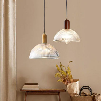 Traditional Vintage Round Bowl Solid Wood Dome Glass 1-light Pendant Light for Living Room