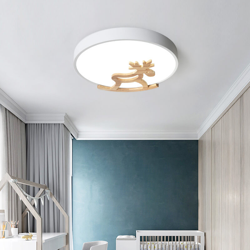 Lumendat Macaron Creative Wooden Horse Shape Round LED Kids Flush Mount Ceiling Light Lumendat