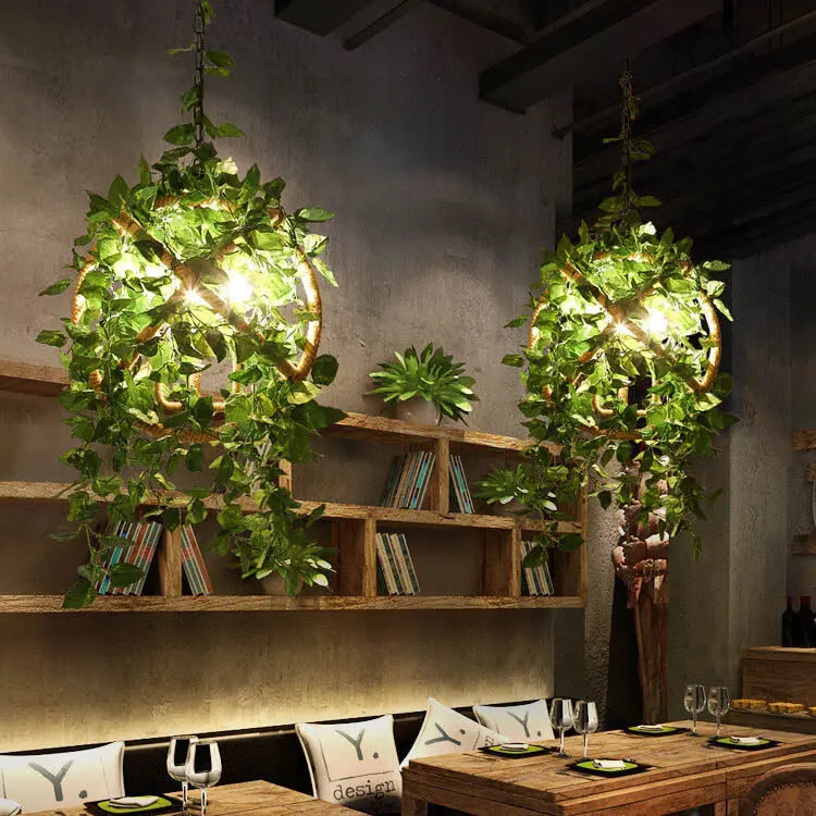 Industrial Vintage Simulation of Greenery Cherry Blossoms Iron Hemp Rope 3-light Chandelier modern luxury lighting fixture