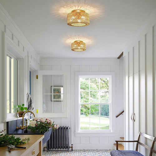 Contemporary Boho Rattan Weaving Cage 3-light Semi-flush Mount Ceiling Light for Living Room