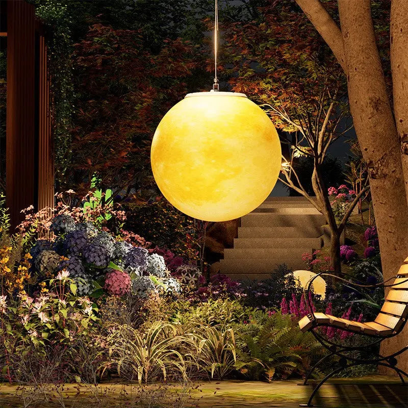 Contemporary Nordic Solar Waterproof Pe Resin Round Moon LED Pendant Light for Outdoor Patio Lumendat