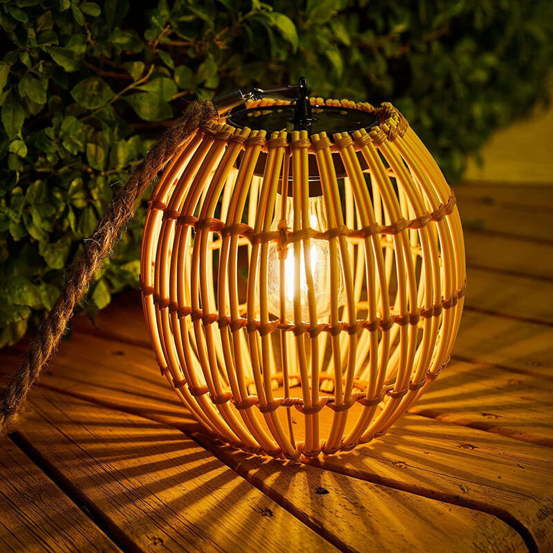 Traditional Vintage Rattan Weaving Cage LED Solar Waterproof Pendant Light for Outdoor Patio