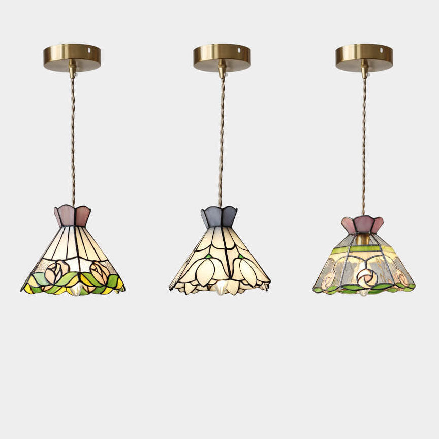 Vintage Tiffany Rose Flower Conical Stained Glass 1-light Pendant Light BulbSquare