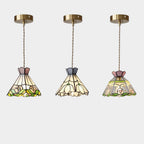 Vintage Tiffany Rose Flower Conical Stained Glass 1-light Pendant Light BulbSquare