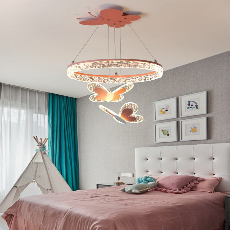 Lumendat Contemporary Creative Kids Round Butterfly Iron Acrylic LED Chandelier For Bedroom Lumendat