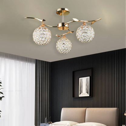 Modern Art Deco Round Hollowed Out Orb Iron Crystal 3-light Semi-flush Mount Ceiling Light for Living Room