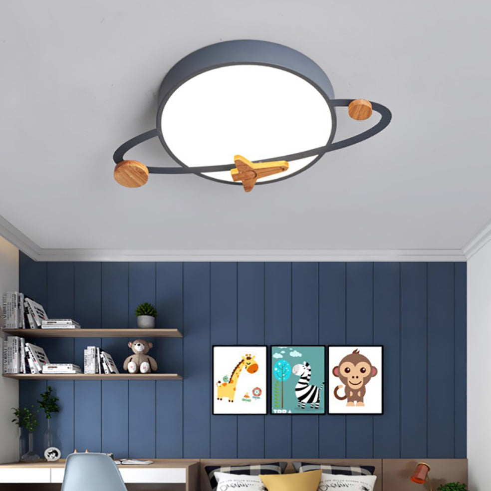 Lumendat Contemporary Scandinavian Iron Acrylic Wood Round Planet Design LED Kids Flush Mount Ceiling Light For Bedroom Lumendat
