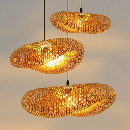 Traditional Japanese Straw Hat Bamboo Weaving Iron 1-light Pendant for Dining Room