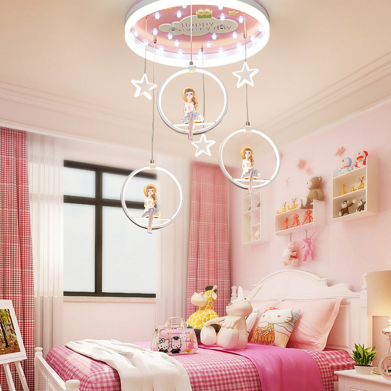 Modern Art Deco Round Astronaut Fairy Princess Acrylic Iron LED Flush Mount Ceiling Light for Bedroom