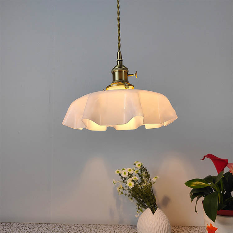 Traditional Japanese Cream Petal Glass Iron 1-Light Pendant Light For Dining Room