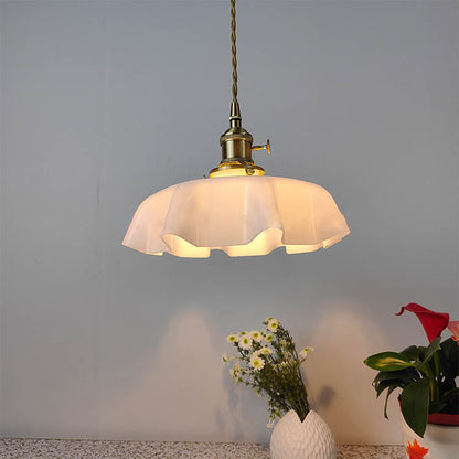 Traditional Japanese Cream Petal Glass Iron 1-Light Pendant Light For Dining Room