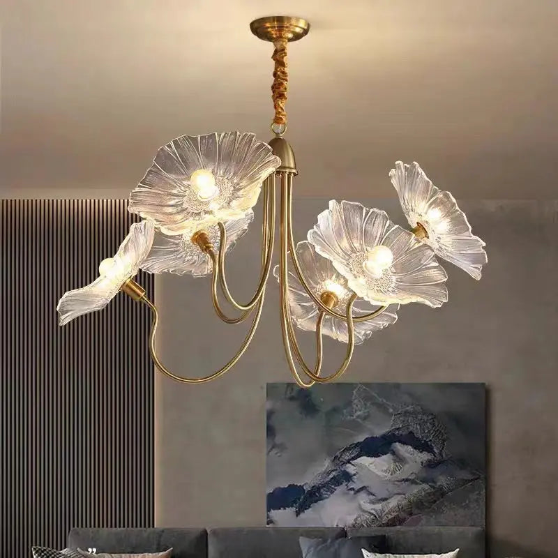 Modern Art Deco Gold Finish Frame Lotus Leaf Glass Shade 3/6-light Chandelier for Living Room Lumendat