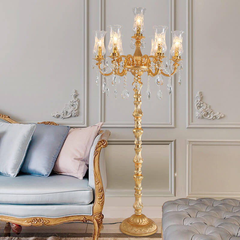 Traditional Luxury Golden Crystal Zinc Alloy Candle Holder 7-Light Standing Floor Lamp For Bedroom Lumendat