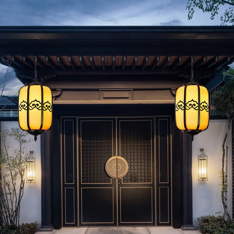 Traditional Chinese Imitation Marble Lantern Shade Aluminum 1-light Waterproof Pendant Light for Outdoor Patio