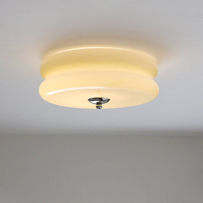 French Minimalist Cream Glass Round LED Flush Mount Ceiling Light