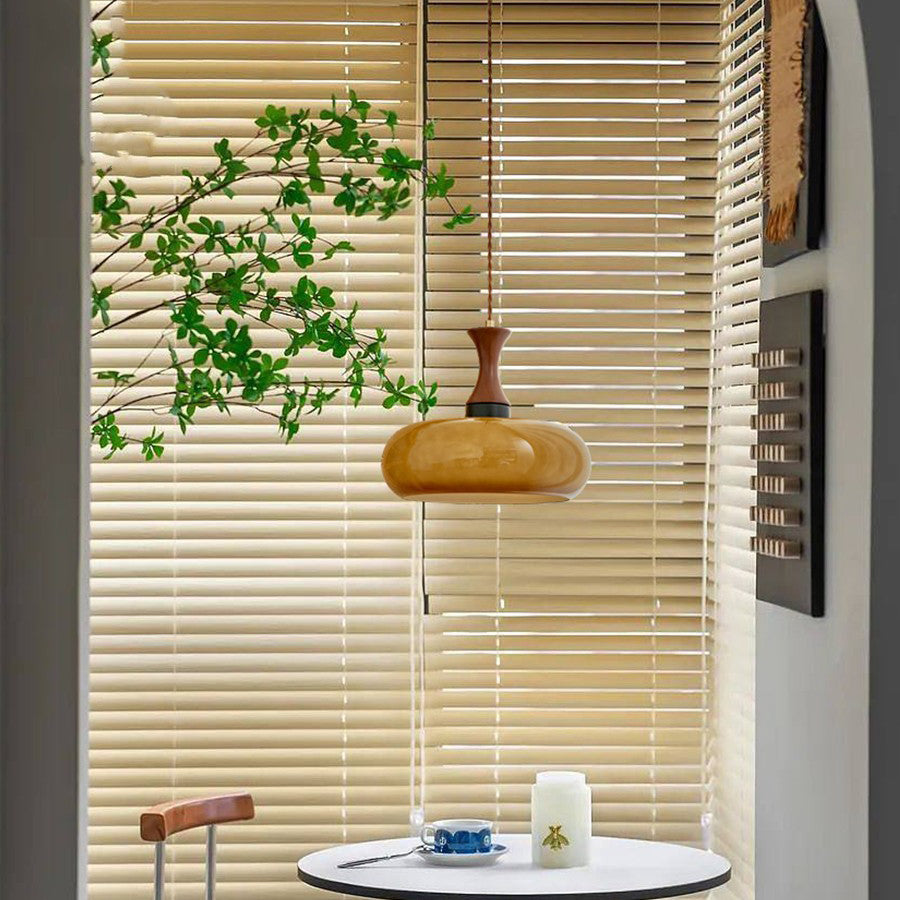 Contemporary Retro Wood Iron Glass Drum Round 1-light Pendant Light for Dining Room