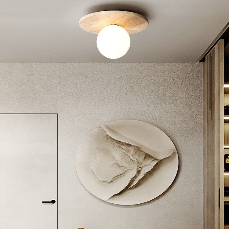 Modern Minimalist Cylinder Oval Dish Yellow Travertine 1-light Semi-flush Mount Ceiling Light for Living Room