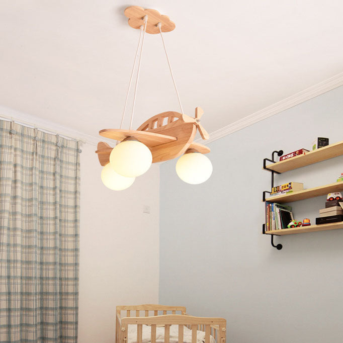 Lumendat Contemporary Creative Rubberwood Aircraft Design Glass 3-Light Kids Chandelier For Bedroom Lumendat