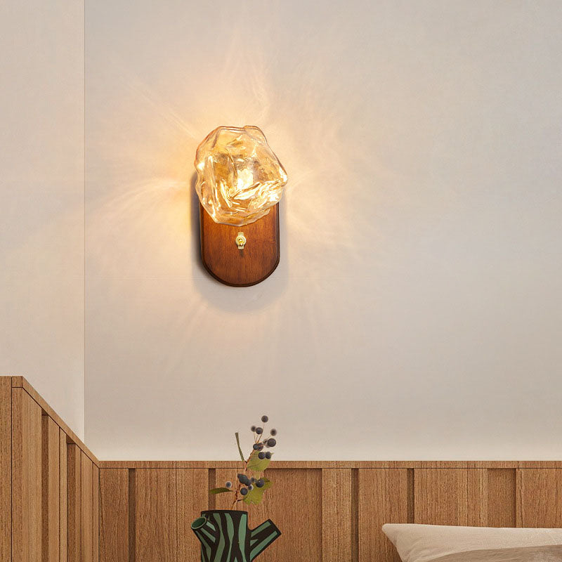Traditional Japanese Oval Ice Cube Shape Solid Wood Glass 1-Light Wall Sconce Lamp For Bedroom Lumendat