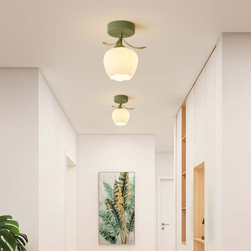 Contemporary Creative Cream Flower Pod Flower Globe Iron Glass 1-light Semi-flush Mount Ceiling Light for Hallway