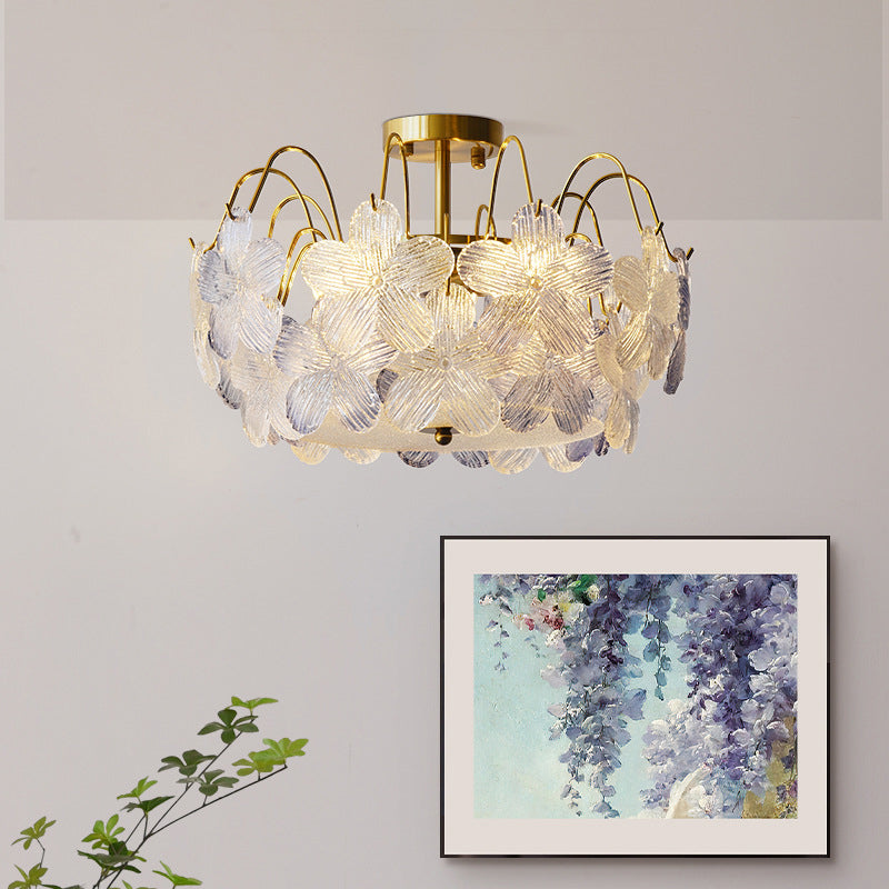 Traditional French Iron Glass Round Flower 5/6 Light Semi-flush Mount Ceiling Light for Living Room
