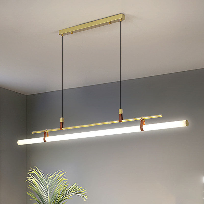 Modern Minimalist Long Strip Iron Acrylic Faux Leather LED Island Light Chandelier For Living Room & Dining Room Lumendat