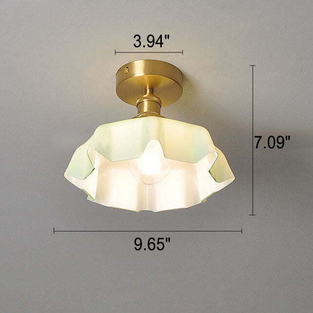 Japanese Vintage Cream Glass Floral Brass 1-Light Semi-Flush Mount Ceiling Light Lumendat