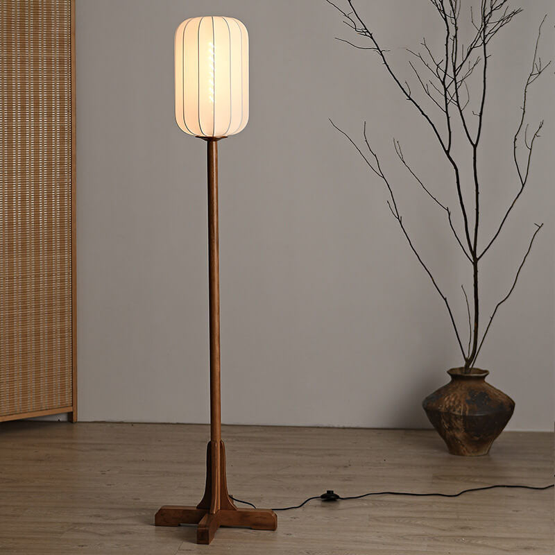 Japanese Zen Rosewood Base Silk Lantern Shade 1-Light Standing Floor Lamp Lumendat