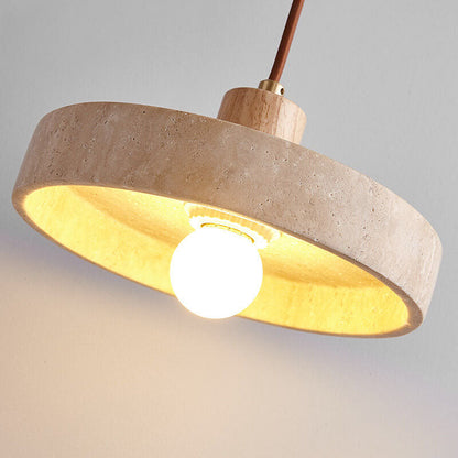 Japanese Minimalist Solid Wood Disc Yellow Travertine Base 1-light Pendant Light