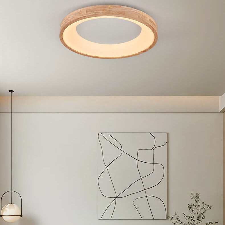 Nordic Minimalist Log Wood Round LED Flush Mount Ceiling Light Lumendat