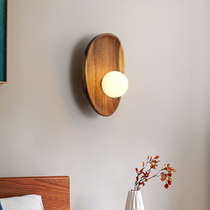 Traditional Japanese Irregular Oval Plate Wood Glass LED Wall Sconce Lamp For Bedroom Lumendat