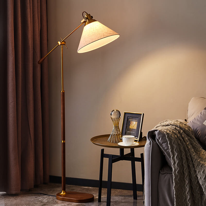 Traditional Vintage Fabric Cone Metal Ash Wood 1-Light Standing Floor Lamp For Bedroom Lumendat