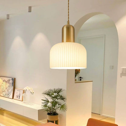Japanese Wabi-sabi Brass Semi-circle Pleated Glass 1-light Pendant Light