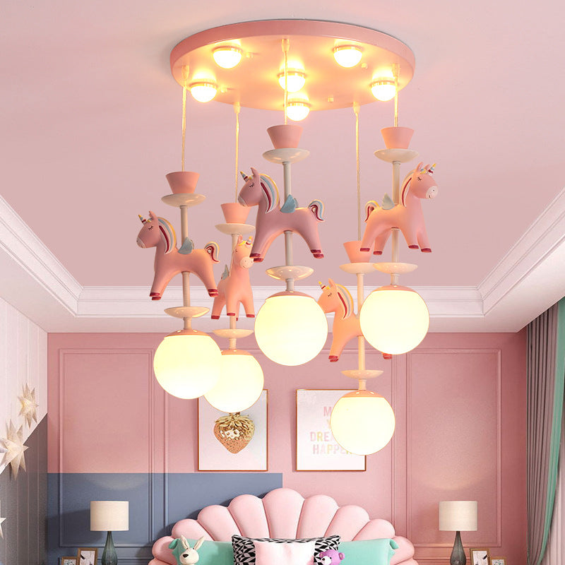 Lumendat Modern Art Deco Kids Iron Resin Glass Round Base Ball Horse 1/3/5 Light Flush Mount Ceiling Light For Bedroom Lumendat