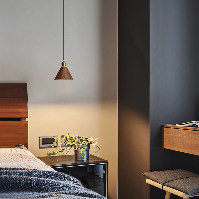 Modern Minimalist Solid Wood Cone Copper 1-light Pendant Light for Living Room BulbSquare