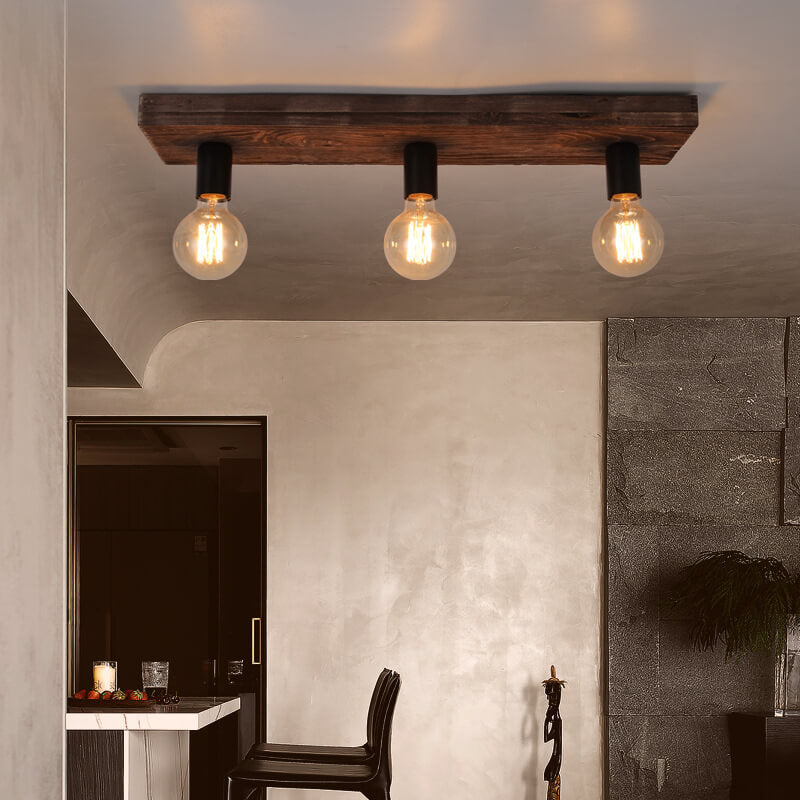 Retro Creative Solid Wood Glass Lampshade 3-light Flush Mount Ceiling Light