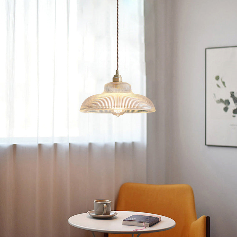 Traditional Vintage Ribbed Glass Disc Shade Brass 1-light Pendant for Living Room